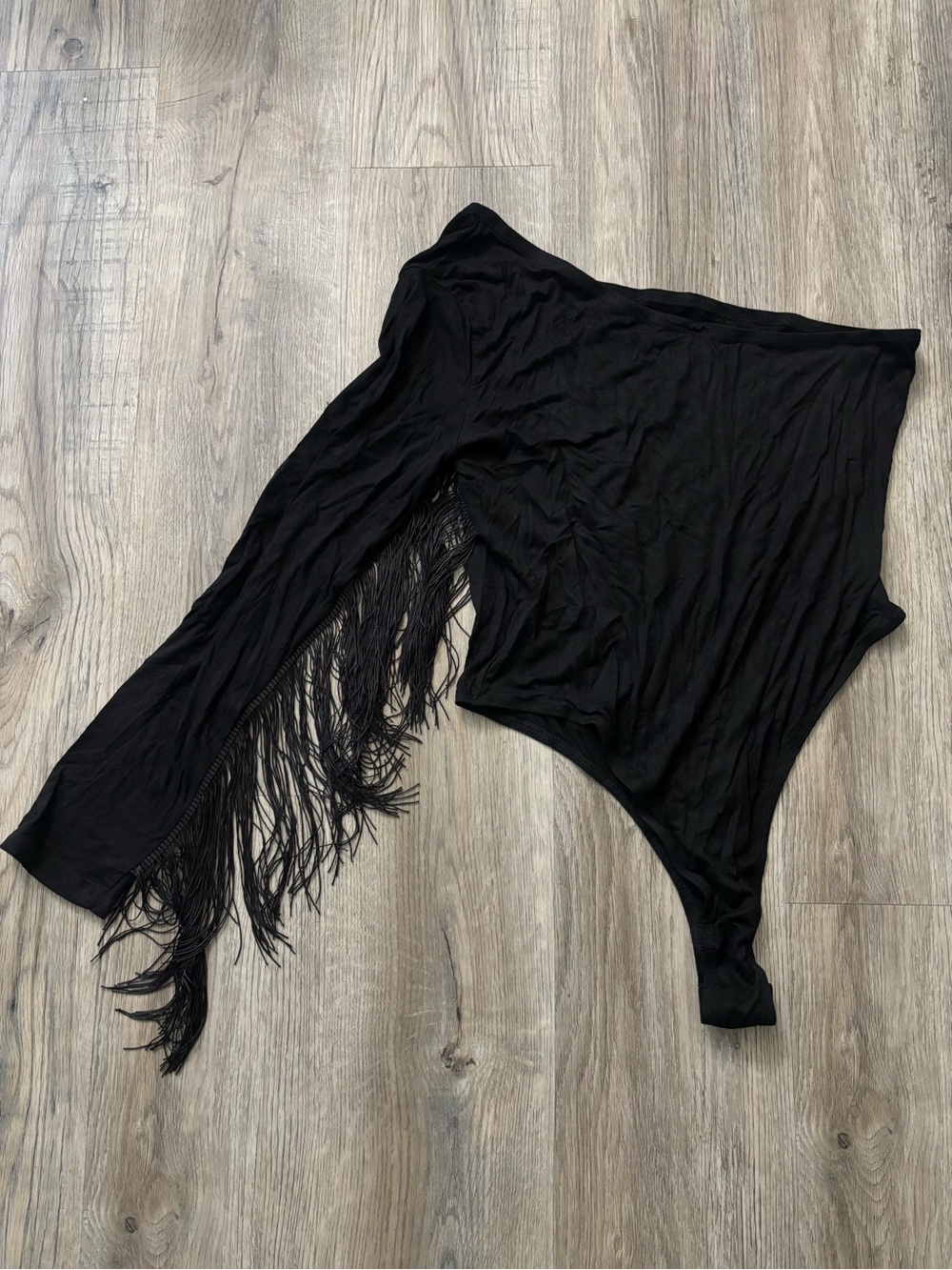 Women’s Black Fringe One-Shoulder Bodysuit